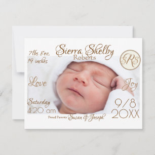 Baby Birth Stats & Photo Monogram Custom Keepsake Note Card