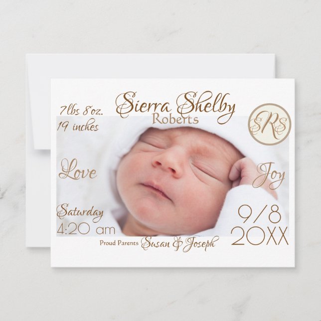 Baby Birth Stats & Photo Monogram Custom Keepsake Note Card (Front)
