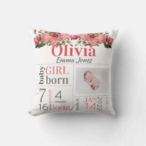 Baby Birth Stats Pink and Peach Floral Throw Pillo Throw Pillow