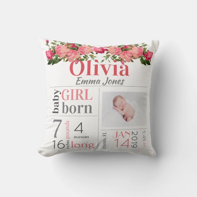 Baby Birth Stats Pink and Peach Floral Throw Pillow (Front)