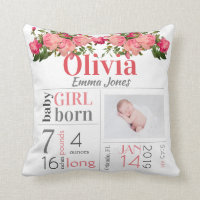 Baby Birth Stats Pink and Peach Floral Throw Pillow