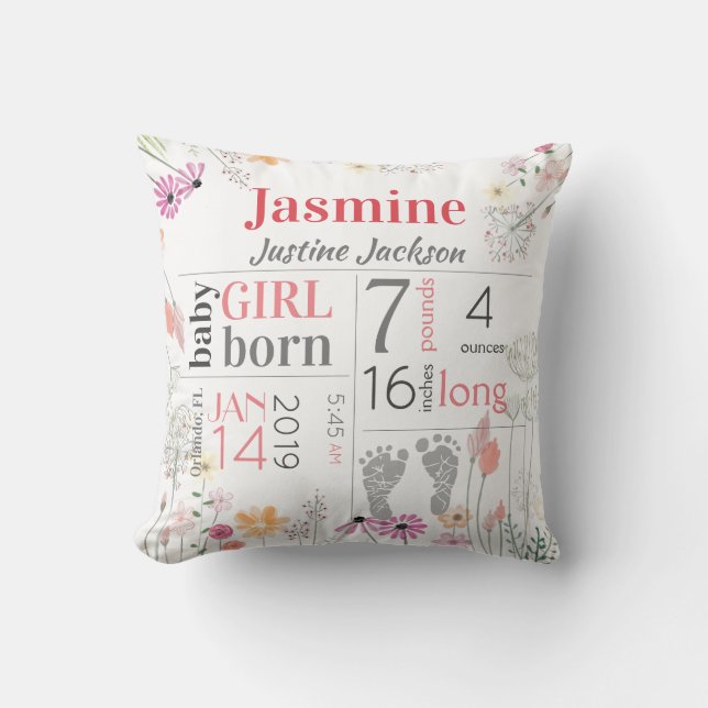 Baby Birth Stats Pink and Peach Flowers Footprint Throw Pillow (Front)