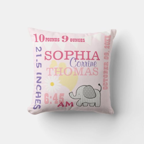 Baby Birth Stats Pink Birthday Weight Throw Pillow