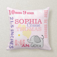 Baby Birth Stats Pink Birthday Weight Throw Pillow