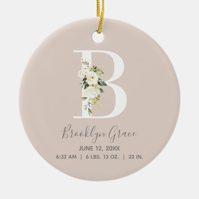 Baby Birth Stats Record Blush Photo Monogram B Ceramic Ornament (Front)