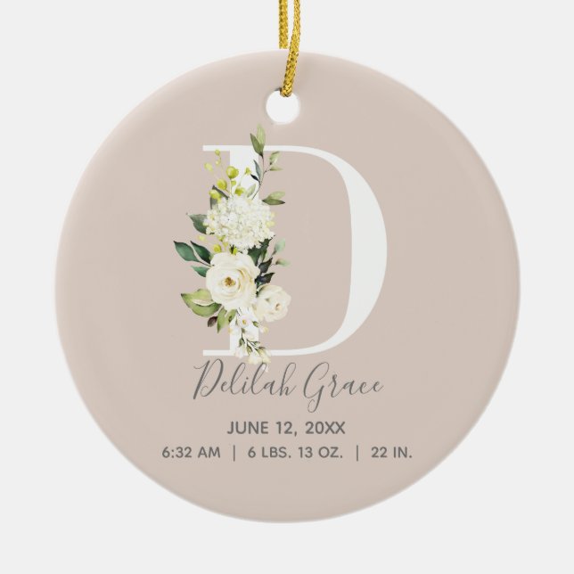 Baby Birth Stats Record Blush Photo Monogram D Ceramic Ornament (Front)