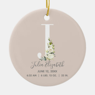 Baby Birth Stats Record Blush Photo Monogram J Ceramic Ornament