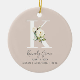Baby Birth Stats Record Blush Photo Monogram K Ceramic Ornament