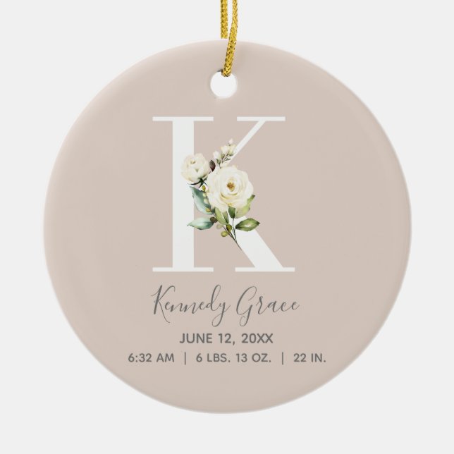 Baby Birth Stats Record Blush Photo Monogram K Ceramic Ornament (Front)
