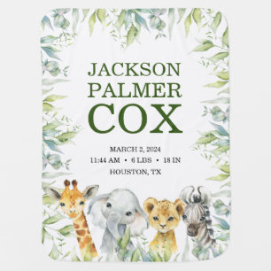 Baby Birth Stats Safari Jungle Animals Keepsake Blanket