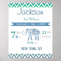 Baby Birth Stats Sign Elephant Blue & Green