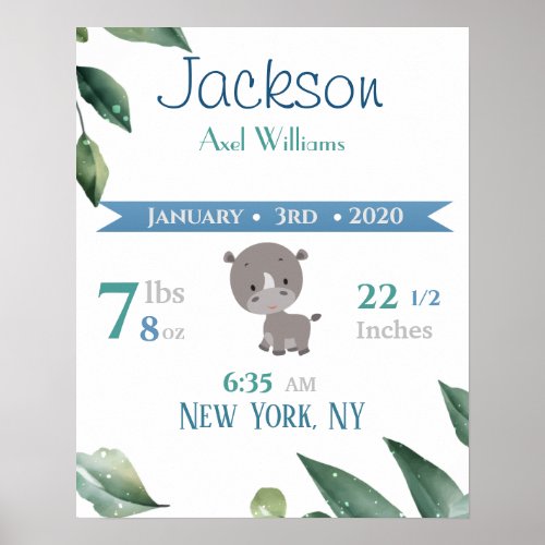 Baby Birth Stats Sign Elephant Blue  Green