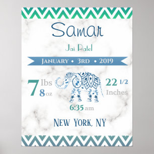 Baby Birth Stats Sign Elephant Marble Blue & Green