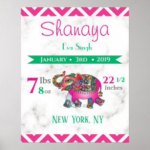 Baby Birth Stats Sign Elephant Marble Pink & Green