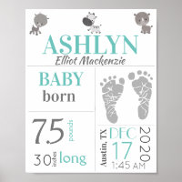 Baby Birth Stats Sign Footprint and Zoo Animals