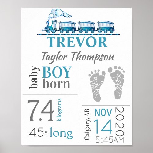 Baby Birth Stats Sign with Blue Train   Footprint