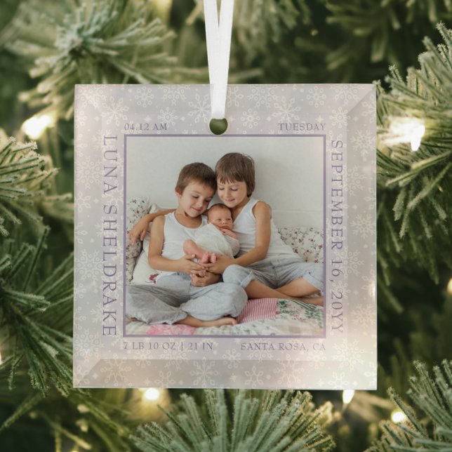Baby Birth Stats Snowflake Photo Frame Lavender Glass Ornament (Insitu)