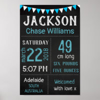 Baby Birth Stats Wall Print Poster – Blue Chalk