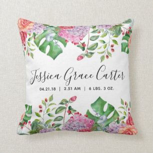 Baby Birth Stats, Watercolor Tropical Floral Decor Throw Pillow