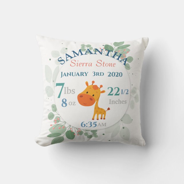Baby Birth Stats with Giraffe and Bordered Leaves Throw Pillow (Front)