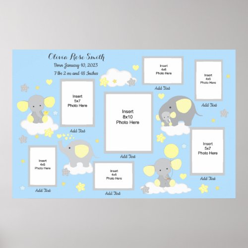 Baby Birth Stats Yellow Elephant Photo Collage Poster