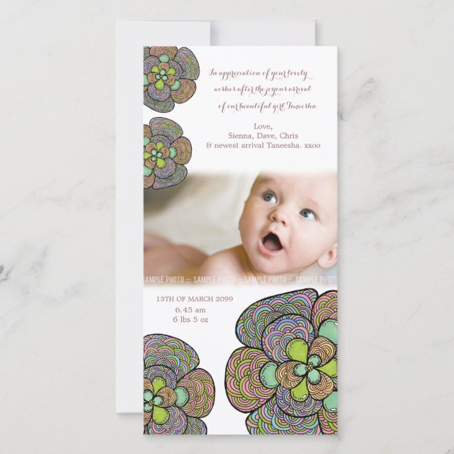Baby Birth Thank You Japanese Floral Photo Card (Front)