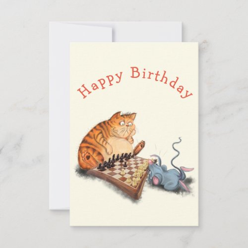 Baby Birthday Card Cat and Mouse Playing Chess