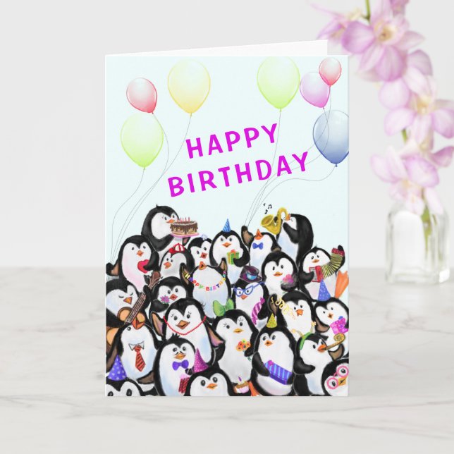 Baby Birthday Card Happy Penguins Birthday Party (Orchid)