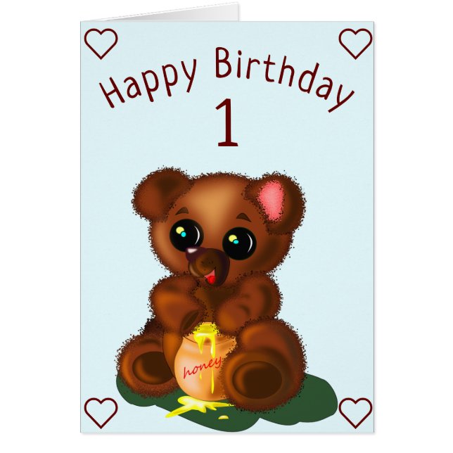 Baby Birthday Card Little Bear with Honey (Front)