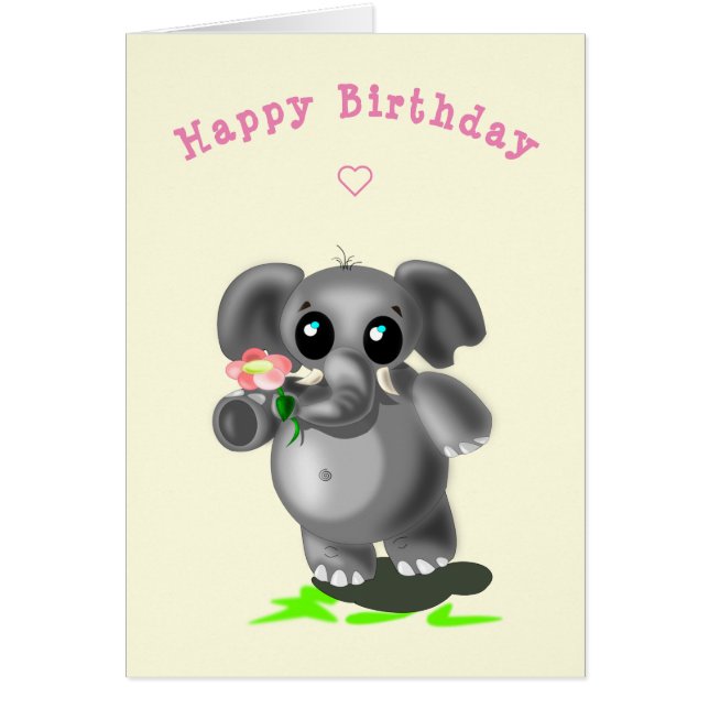 Baby Birthday Card Little Elephant with Flower (Front)