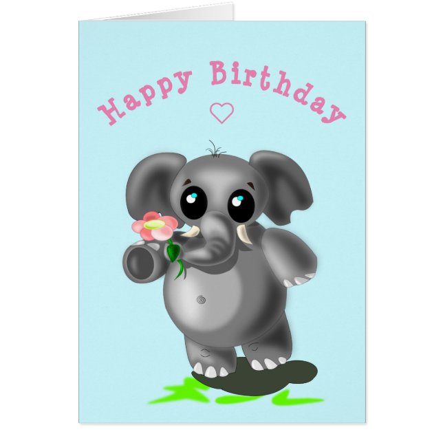 Baby Birthday Card Little Elephant with Flower (Front)