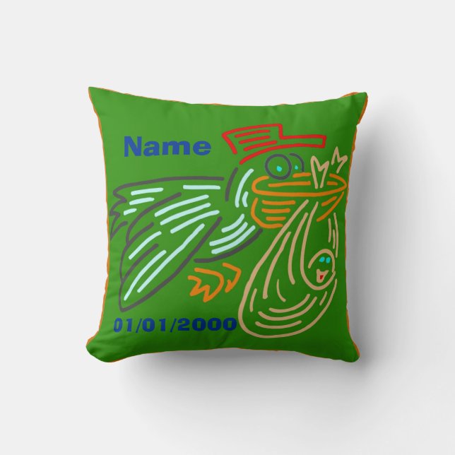 Baby Birthday Stork Pillow Green (Front)