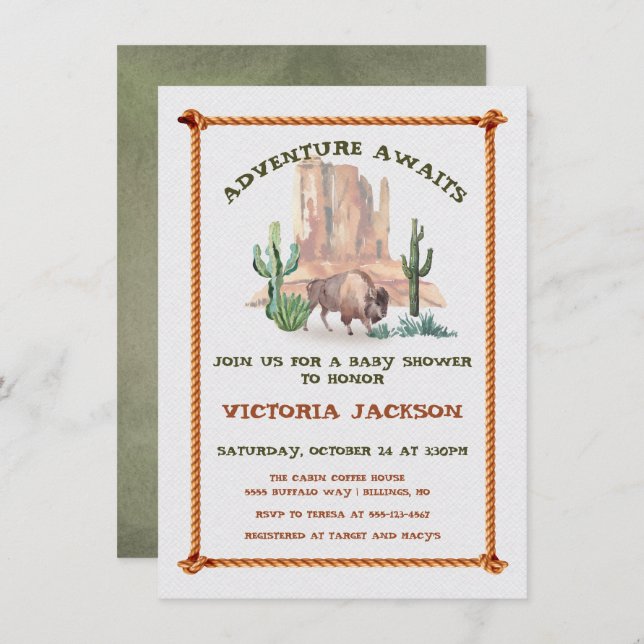 Baby Bison Buffalo Western Landscape Baby Shower Invitation (Front/Back)