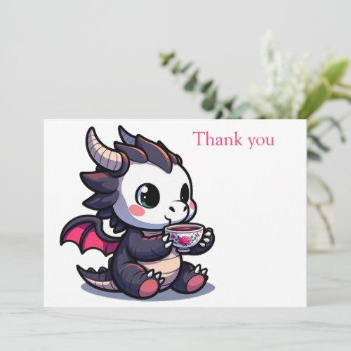 Baby Black Dragon Drinking Tea or coffee Thank You Card