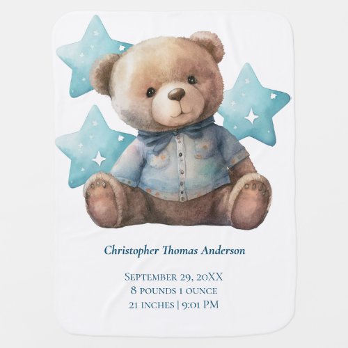 Baby Blanket Birth Stats Baby Bear Blue Boy Gift