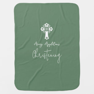 Baby Blanket Floral Cross Christening Fern Green