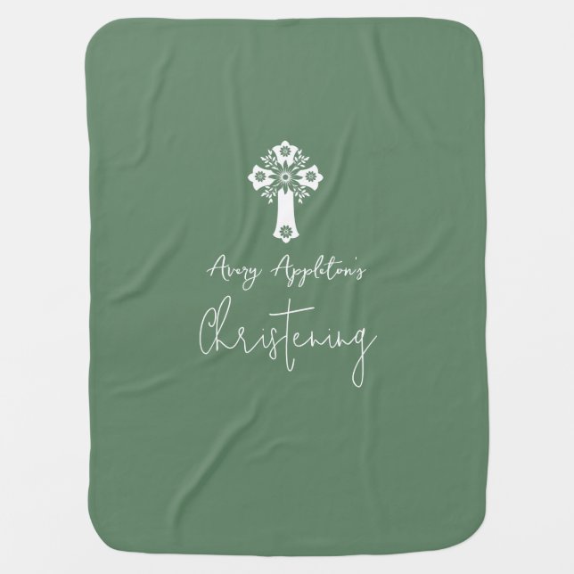 Baby Blanket Floral Cross Christening Fern Green (Front)