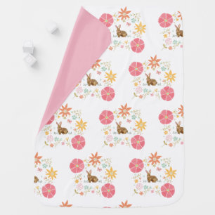 BABY BLANKET WITH FLOWERS AND BROWN BUNNIES