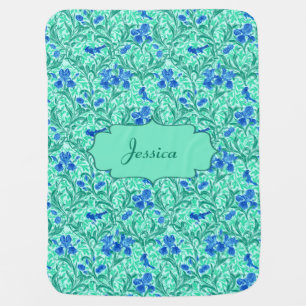Baby Blanket, with Name, in Aqua Iris Pattern Baby Blanket
