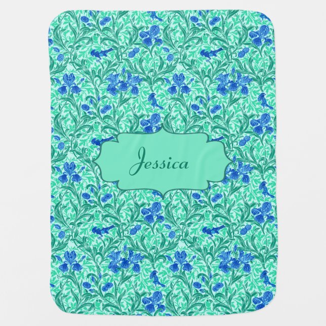 Baby Blanket, with Name, in Aqua Iris Pattern  Blanket (Front)