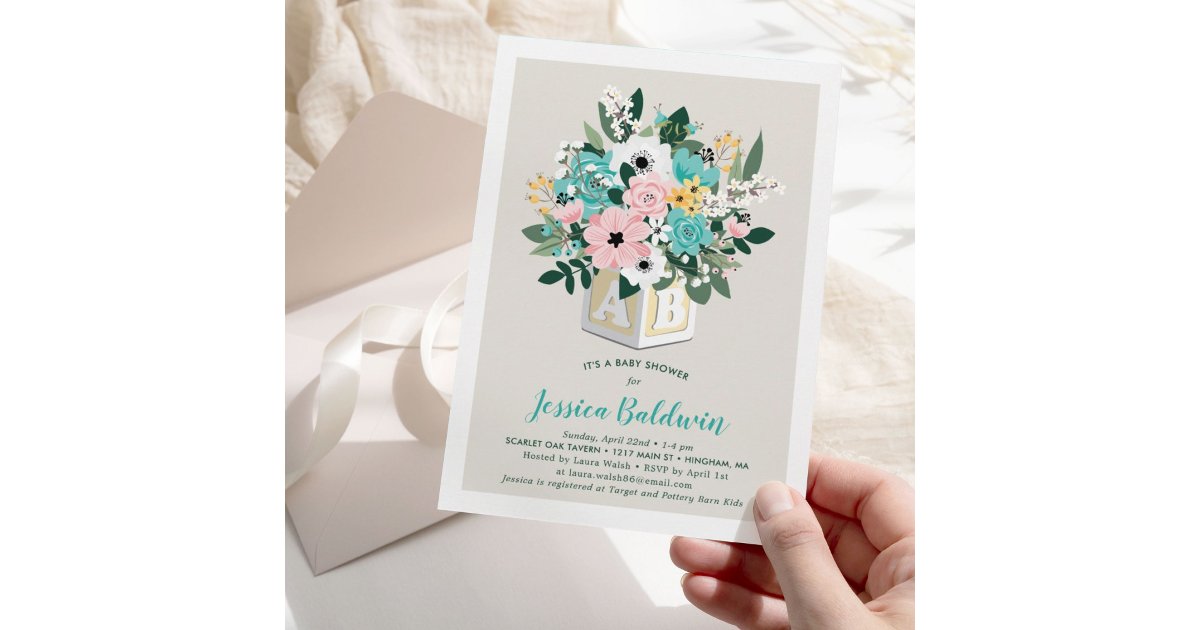 Baby Block Flower Arrangement Baby Shower Invitation | Zazzle