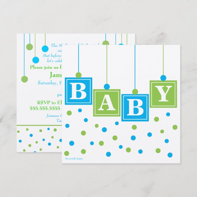 BABY Blocks Blue Green Boy Baby Shower -CUSTOM v2 Invitation (Front/Back)