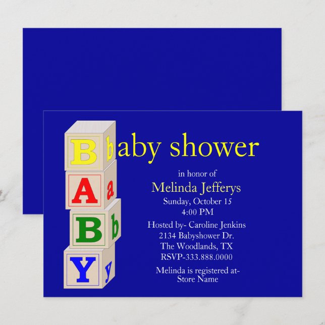 Baby Blocks Custom Blue Baby Shower Invitation (Front/Back)