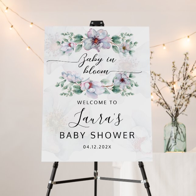 baby bloom watercolor wildflower rose welcome sign (In Situ (Stand))