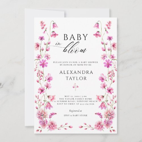 Baby Bloom Wildflower Garden Bold Pink Girl Shower Invitation