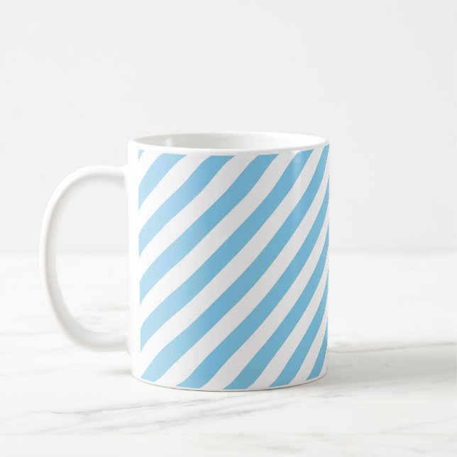 Baby Blu and White Medium Diagonal Stripes Pattern Coffee Mug (Left)
