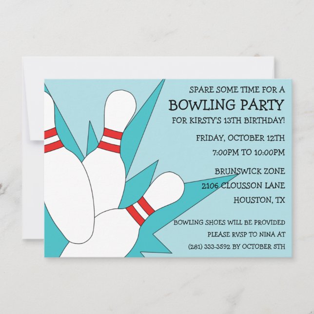 Baby Blue 7-10 Split Bowling Birthday Party Invitation (Front)