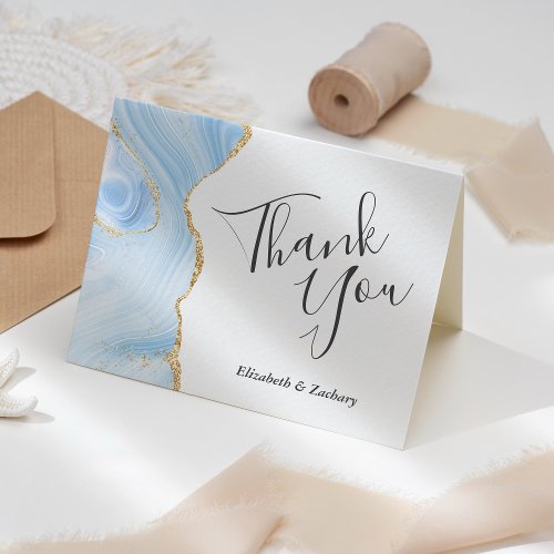 Baby Blue Agate Gold Wedding Thank You Card