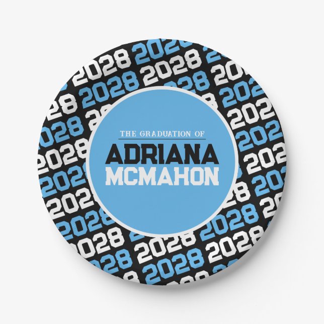 Baby Blue and Black Personalized Graduation Paper Plates (Front)