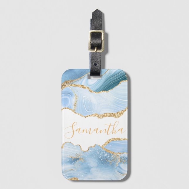 Baby Blue and Faux Gold Glitter Marble Agate Luggage Tag (Front Vertical)